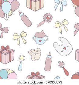 Seamless pattern with hand drawn baby girl vector drawings. Baby shower cute vector things. 