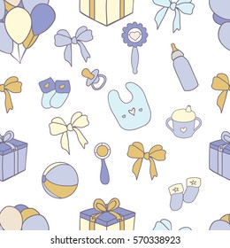 Seamless pattern with hand drawn baby boy vector doodle elements.