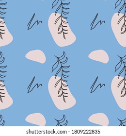 Seamless pattern. Hand drawn background of simpl shapes and leaves. Blue and pastel colors. Concept foe design of textile, wallpaper. Modern trendy vector illustration.