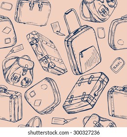 Seamless pattern with hand drawn bags and suitcases