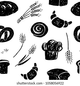 Seamless pattern of hand drawn bakery products.