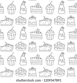 Seamless pattern with hand drawn bakery products. Vector illustration.