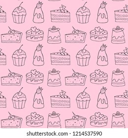 Seamless pattern with hand drawn bakery products. Vector illustration.