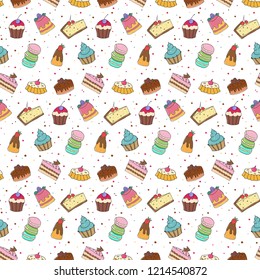 Seamless pattern with hand drawn bakery products. Vector illustration.