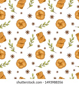 Seamless pattern with hand drawn bakery elements. Menu design, shop wrapping paper.