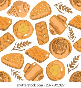Seamless pattern of hand drawn bakery products, buns, pastry, croissants and wheat germ. 