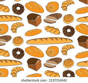 Seamless pattern of hand drawn bakery products, buns, pastry, croissants and wheat germ.