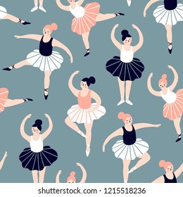 Seamless pattern with hand drawn  ballerinas. Cute dancing girls isolated on blue background. Vector fashion repeated background for wallpaper, wrap paper or fabric.