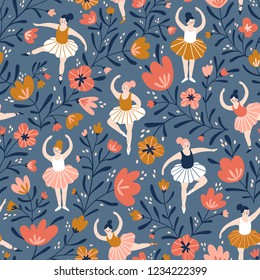 Seamless pattern with hand drawn  ballerinas and decorative flowers. Cute dancing girls on the blue floral background. Vector fashion repeated background for wallpaper, wrap paper or fabric.