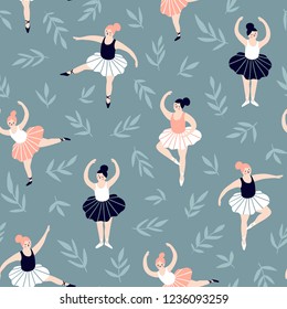 Seamless pattern with hand drawn  ballerinas and leaves. Cute dancing girls on the blue natural background. Vector fashion repeated background for wallpaper, wrap paper or fabric.