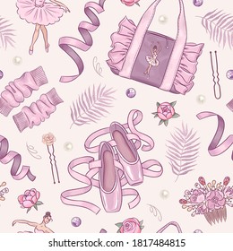 Seamless pattern with hand drawn ballet school elements