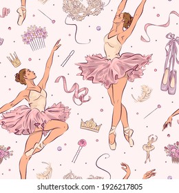 Seamless pattern with hand drawn ballet elements. Vector illustration of ballerina, ballet shoes and dress