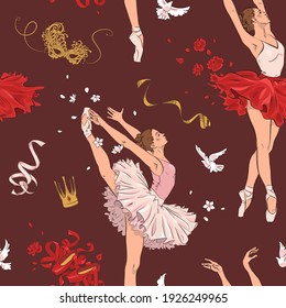 Seamless pattern with hand drawn ballet elements. Vector illustration of ballerina, ballet shoes and dress