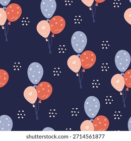 Patrón sin fisuras con globos dibujados a mano, Formas de corazón sobre un fondo azul oscuro. Diseño plano apagado para la tela, papel de embalaje o conceptos de vacaciones