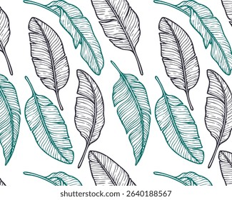 Seamless pattern with hand drawn banana leaves in teal and black outline on white background. Tropical vintage botanical design perfect for fabric, wallpaper, or wrapping paper.