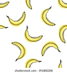 Seamless pattern with hand drawn banana sketchy style on white background/ Doodle fruits/ Hand drawn vector illustration