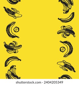 Seamless pattern with hand drawn bananas on yellow background. Vector illustration. Banana chocolate label template design.