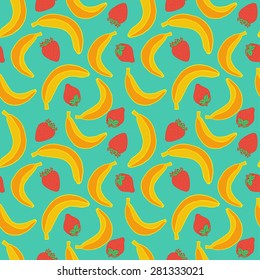 Seamless pattern with hand drawn bananas and strawberries. Vector illustration. Flat style image.
