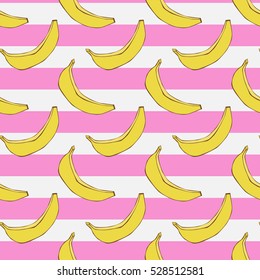 seamless pattern with hand drawn bananas. Striped background with white and pink stripes
