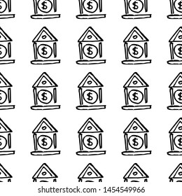 Seamless pattern Hand Drawn bank doodle. Sketch style icon. Decoration element. Isolated on white background. Flat design. Vector illustration.