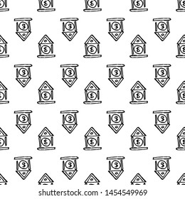 Seamless pattern Hand Drawn bank doodle. Sketch style icon. Decoration element. Isolated on white background. Flat design. Vector illustration.