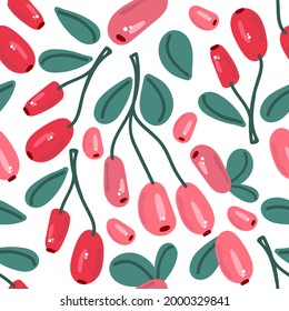 Patrón sin foco de bayas dibujadas a mano con hojas. Impresión moderna.