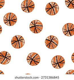 Seamless pattern with hand drawn basketball balls in naive kids style. Chalk textured playful scrapbook vector illustration for kindergarten, children sport projects, repeating background, isolated.