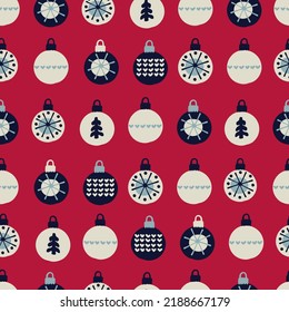 Seamless pattern. Hand drawn baubles decorated with patterns in Scandinavian style on red background. Christmas, New Year, winter holidays concept. For wrapping paper, other design projects