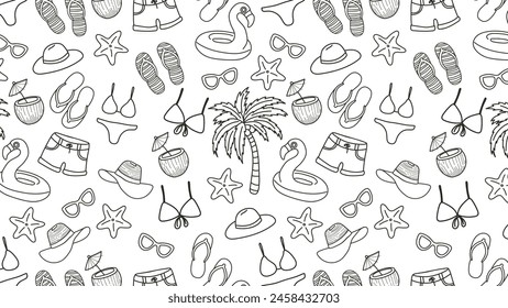 Seamless pattern with hand drawn beach items. Vector illustration.