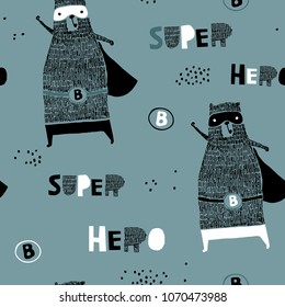 Seamless pattern with hand drawn bear hero. Creative childish texture in scandinavian style. Great for fabric, textile Vector Illustration