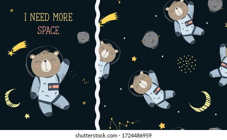 Seamless pattern of hand drawn bear with space concept and card design with astronaut of bear