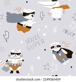 Seamless pattern with hand drawn bear super hero, sloth, cat,crocodile. Creative childish texture in scandinavian style. Great for fabric, textile Vector Illustration