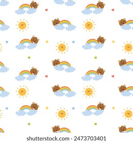 Seamless pattern with hand drawn bear, rainbows, clouds and sun. Funny kids print for interior design, textile. Cute vector background.