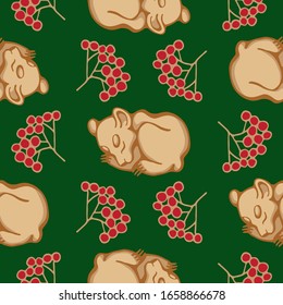 Seamless pattern of hand drawn bears cub and rowens on green background. Vector stock illustration with forest creatures.