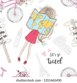 Seamless pattern with hand drawn beautiful cute travel girl. Vector illustration.