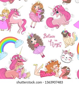 Seamless pattern with hand drawn beautiful cute little princess girls and unicorns. Vector illustration.