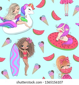 Seamless pattern with hand drawn beautiful cute summer girls, unicorn, ice-cream, surfboard and watermelon. Vector illustration. 