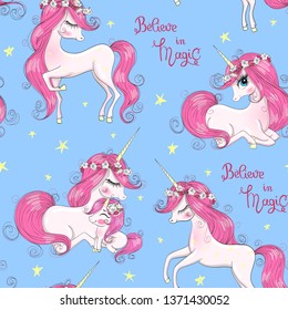 Seamless pattern with hand drawn beautiful cute little princess girls unicorns. Vector illustration.