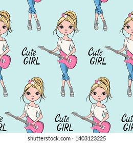 Seamless pattern with Hand drawn beautiful little girl. Cartoon cute girl with electric guitar.   Vector illustration