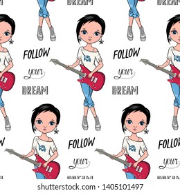 Seamless pattern with Hand drawn beautiful teen girl. Cartoon girl with red electric guitar.   Vector illustration