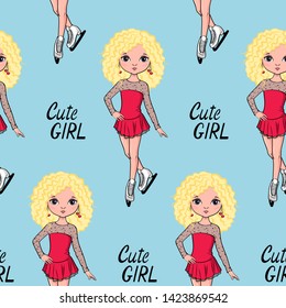 Seamless Pattern With Hand Drawn Beautiful Teen Girl. Cartoon Figure Skater.  Vector Illustration