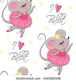 Seamless pattern with hand drawn beautiful, lovely, little mouse ballerina girl with crown on her head. Vector illustration.