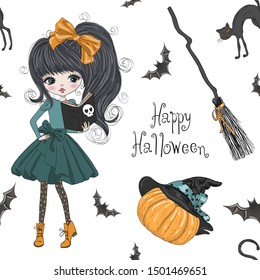 Seamless pattern with hand drawn beautiful cute Halloween girl witch with pumpkin, cat and broom. Vector illustration.