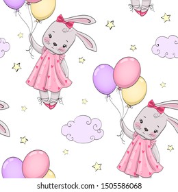 Seamless pattern with hand drawn beautiful, lovely, little bunny ballerina girl with ballon. Vector illustration.