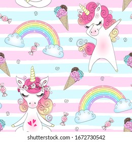 Seamless pattern with hand drawn beautiful cute little princess girls unicorns. Vector illustration.