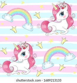 Seamless pattern with hand drawn beautiful cute little princess girls unicorns. Vector illustration.