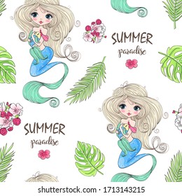 Seamless pattern with hand drawn beautiful cute summer girls mermaid. Vector illustration. 