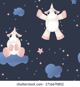 Seamless pattern with hand drawn beautiful cute unicorn on clouds. Vector illustration background or textile texture