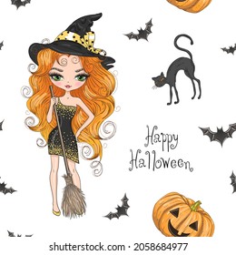 Seamless pattern with hand drawn beautiful cute Halloween girl witch with pumpkin, cat and broom. Vector illustration.