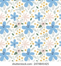 Seamless pattern of hand drawn beautiful flowers, leaves. Colorful flowers scattered on white background. Garden flower, plants, botanical design for fabrics, printing